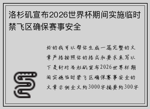 洛杉矶宣布2026世界杯期间实施临时禁飞区确保赛事安全