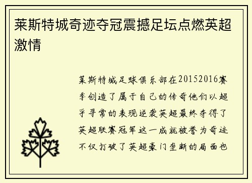 莱斯特城奇迹夺冠震撼足坛点燃英超激情 莱斯特城奇迹夺冠震撼足坛点燃英超激情